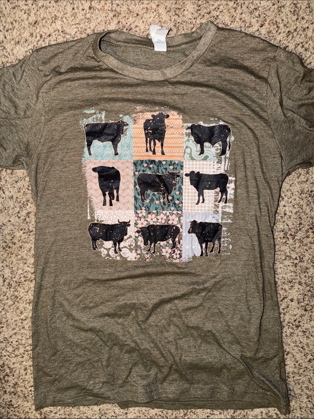 Lucky and Blessed Life medium Olive Green Cow Patchwork Graphic Tee